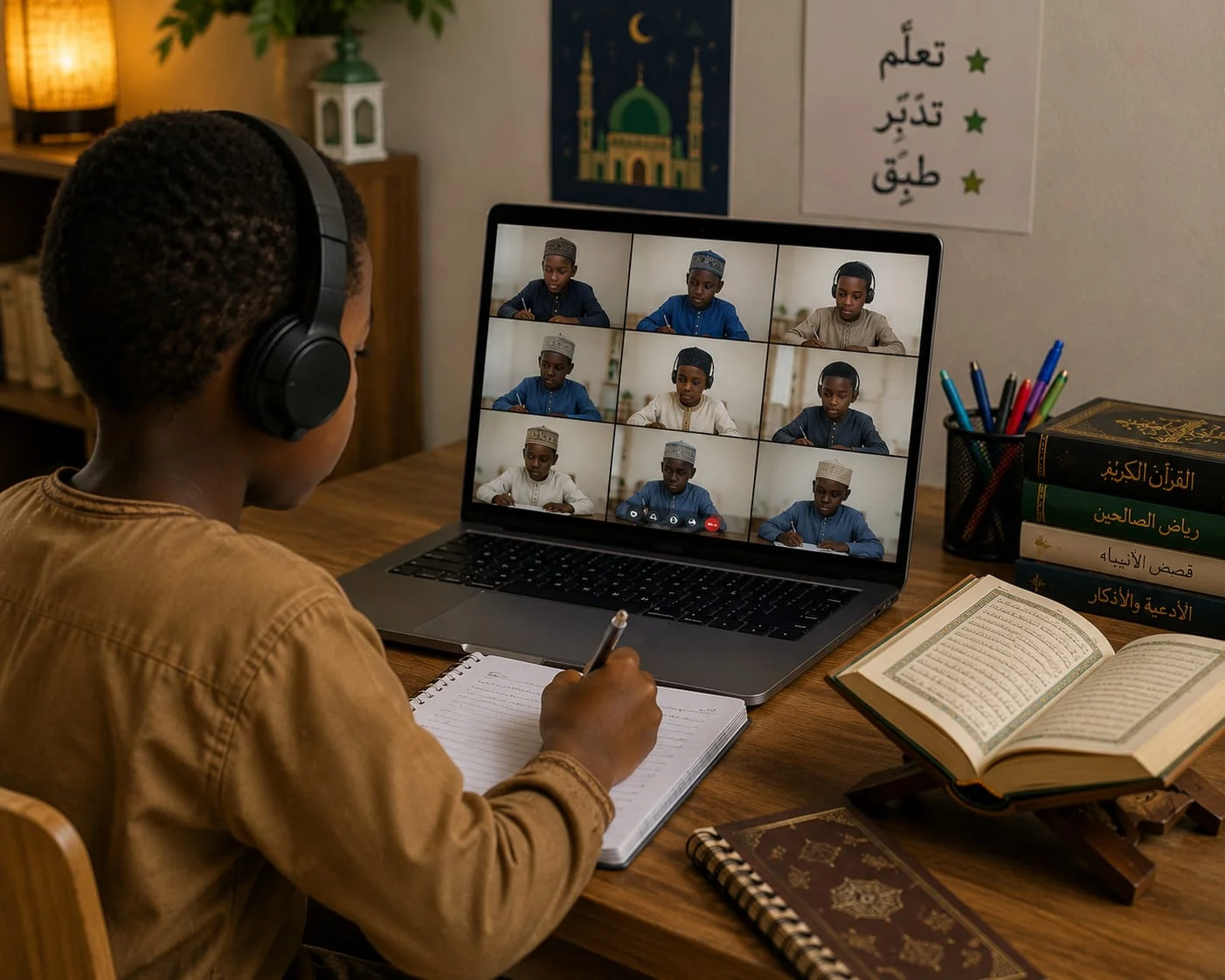 Enfant suivant un cours de Coran en ligne